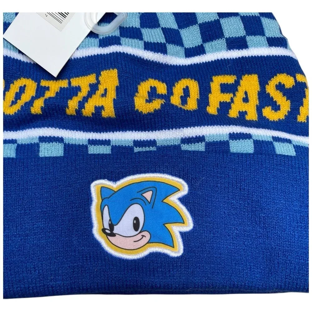 Sonic The Hedgehog Gotta Go Fast Cuffed Pom Beanie Hat Blue nwt stocking stuffer